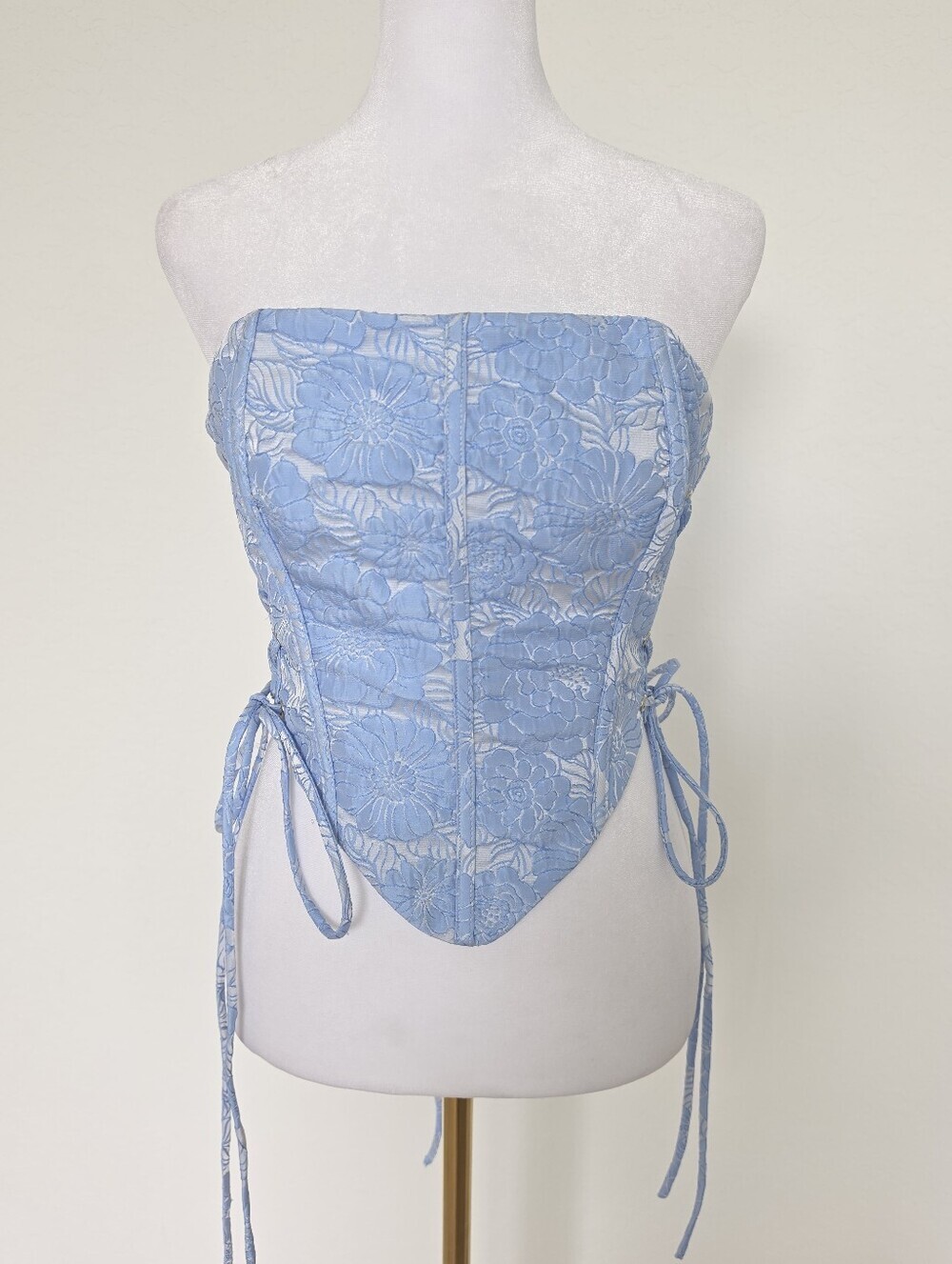 American Threads Lani Corset Top – Sky Blue Floral Lace-Up Bustier | Size Large